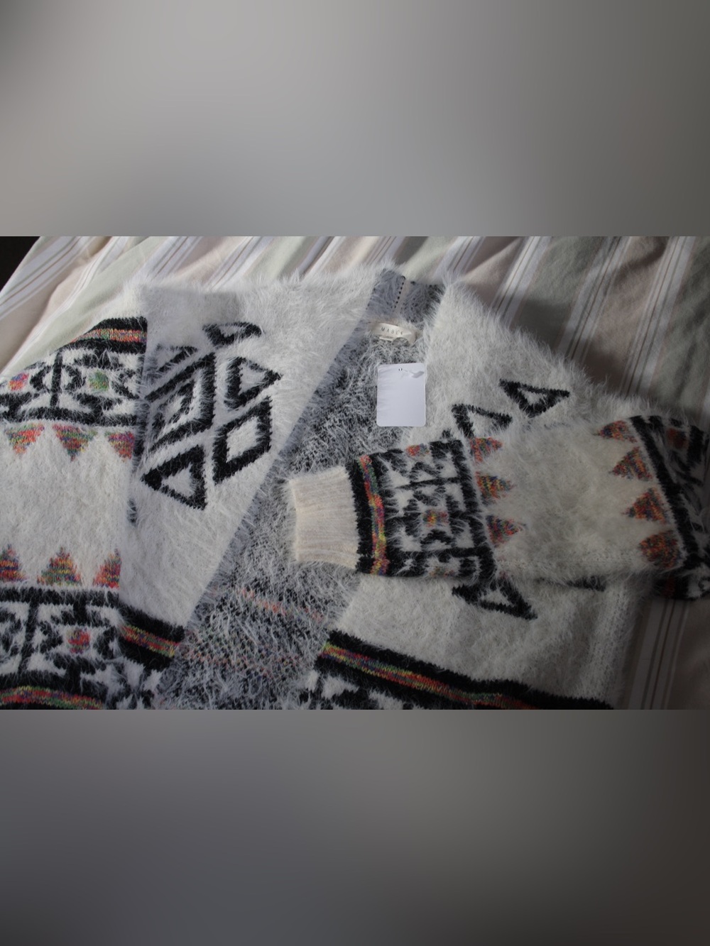 White Patterned Fuzzy Knit Women's Sweater